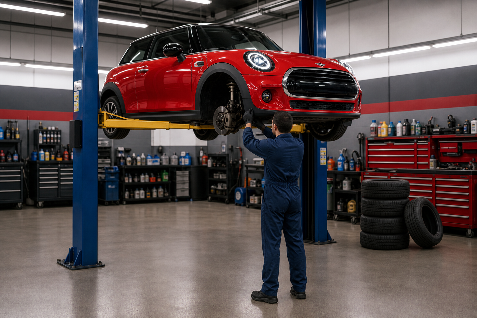 New MINI on lift at Advance Auto Services garage